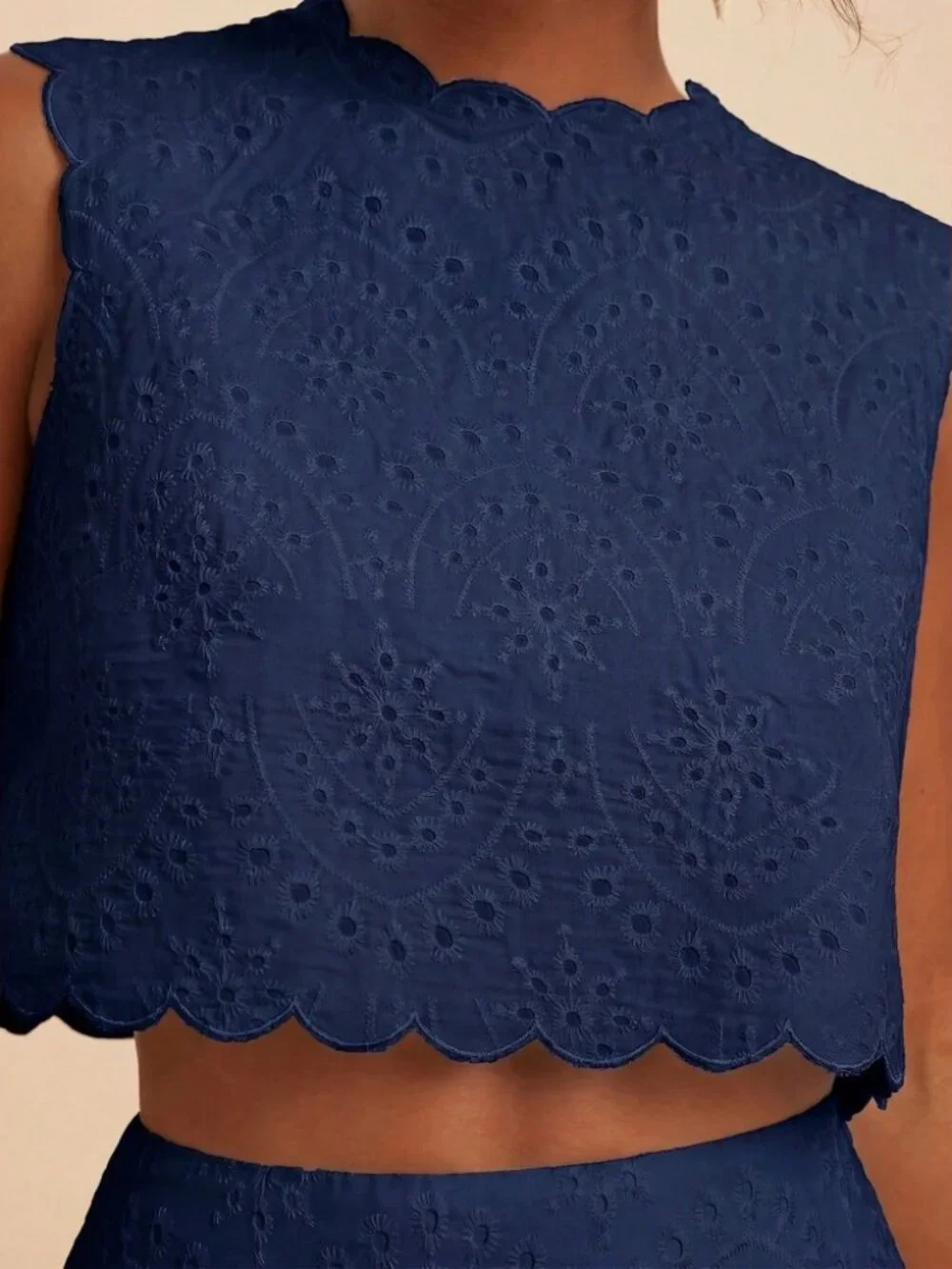 Navy Eyelet Embroidered Scalloped Crop Top & Maxi Skirt Set